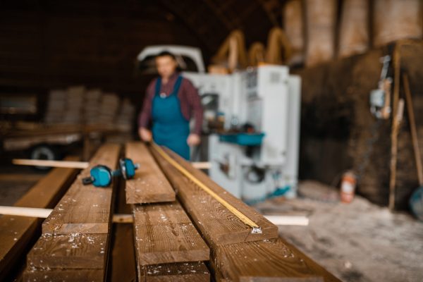 Carpenter with measuring tape measures boards, woodworking machine on background, lumber industry, carpentry. Wood processing on factory, forest sawing in lumberyard